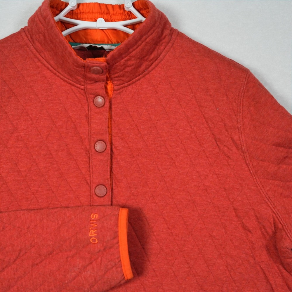 Orvis Trout Bum Mens Quilted‎ Snap Neck Pullover Sweatshirt Red Orange Size M